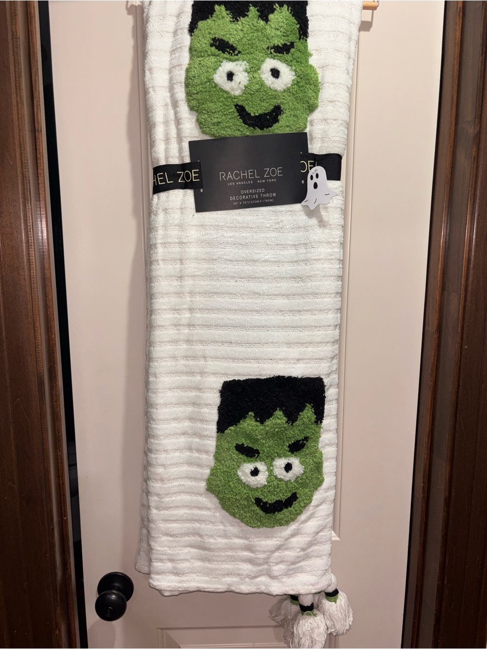 Rachel Zoe White Throw with Green Monster Appliqués